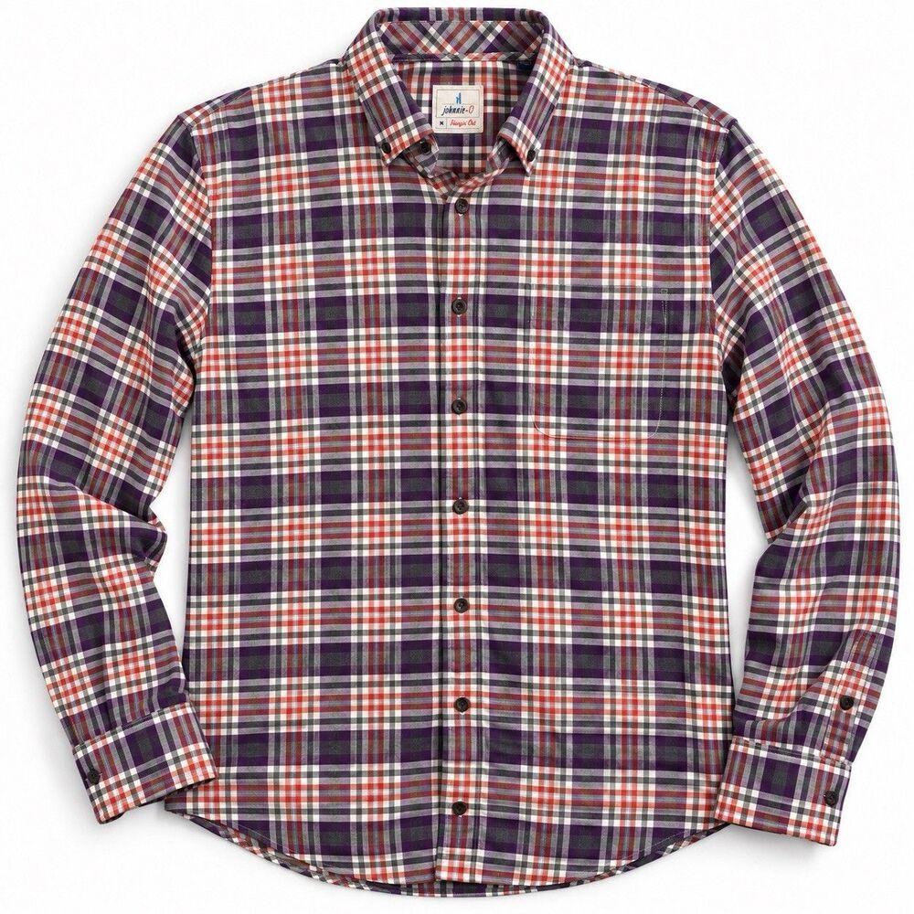 Johnnie-O Hangin' Out Alex Plaid Shirt Charcoal Orange Button Up Men's M